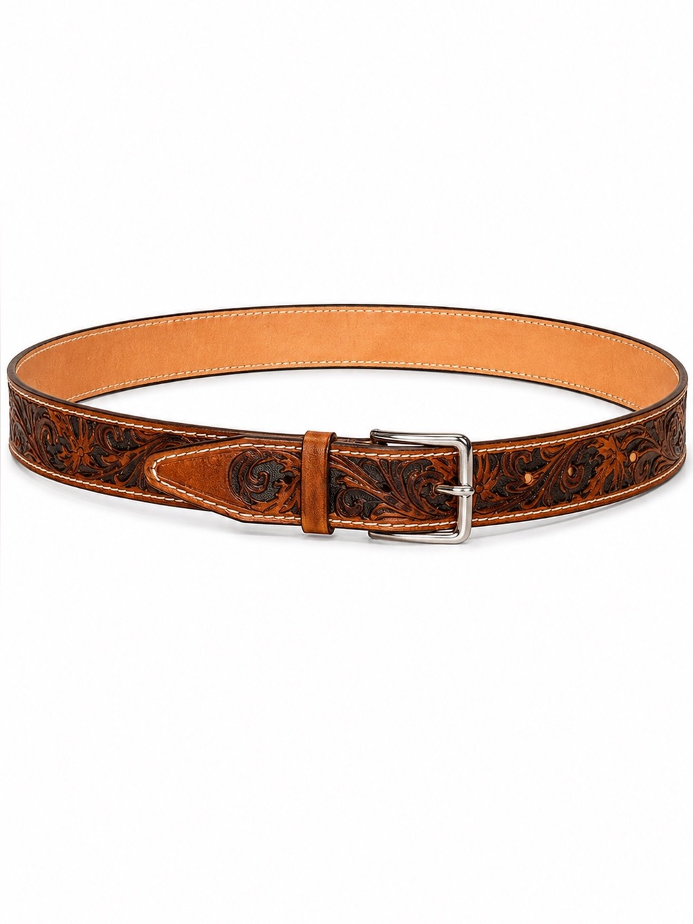 Tooled Leather Floral Belt - Brown Tan handmade